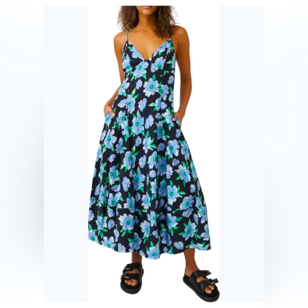 Free People Blue Floral Finer Things Printed Midi EUC Lined Size Large
